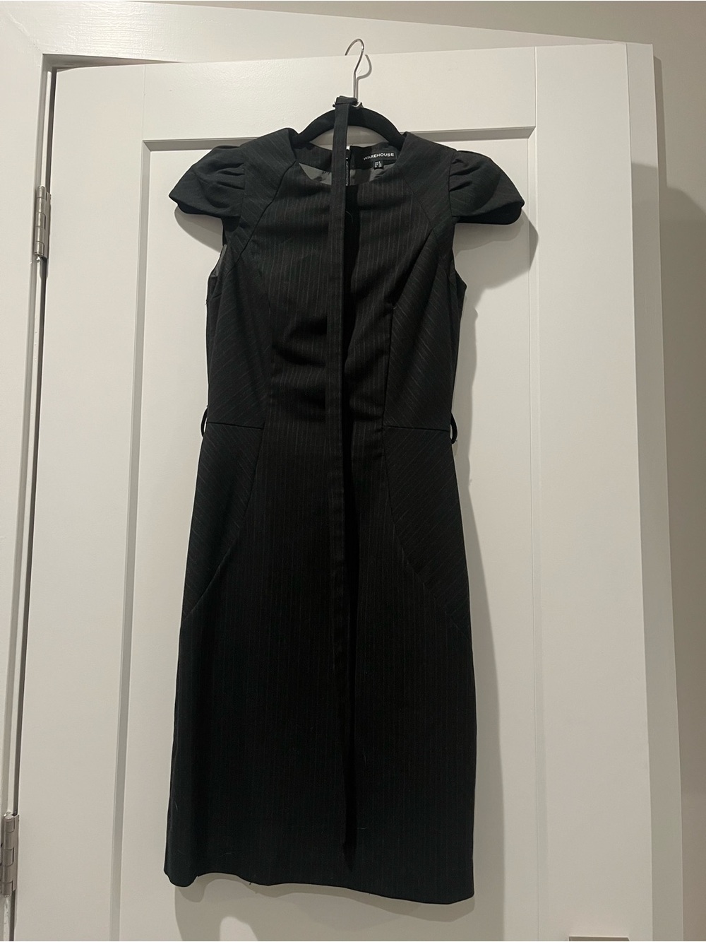 Warehouse Black Pinstripe Puff Sleeve Midi Dress